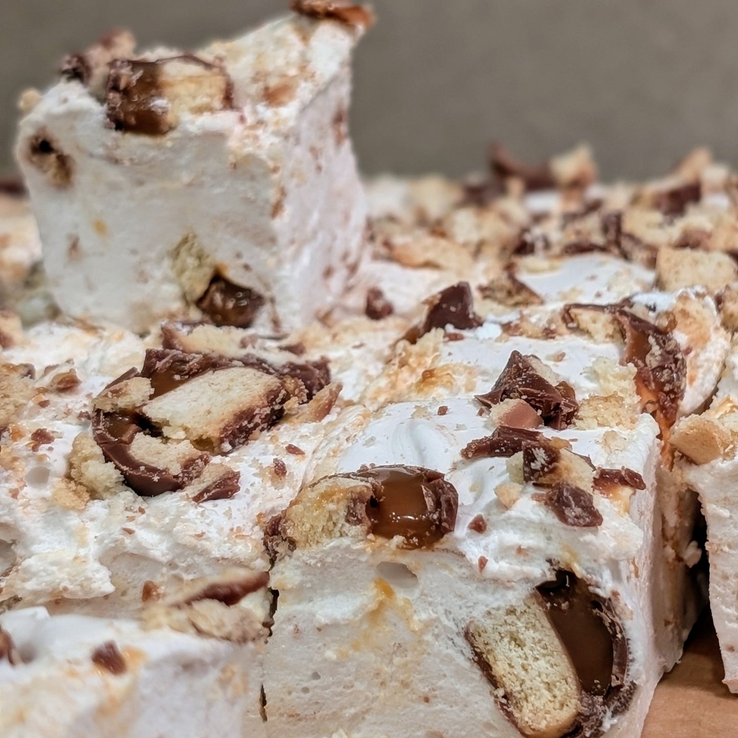 Caramel Twix marshmallows, freshly cut, oozing caramel
