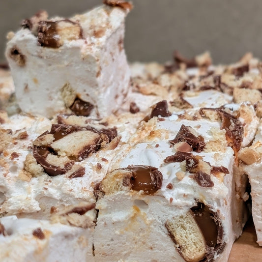 Caramel Twix marshmallows, freshly cut, oozing caramel