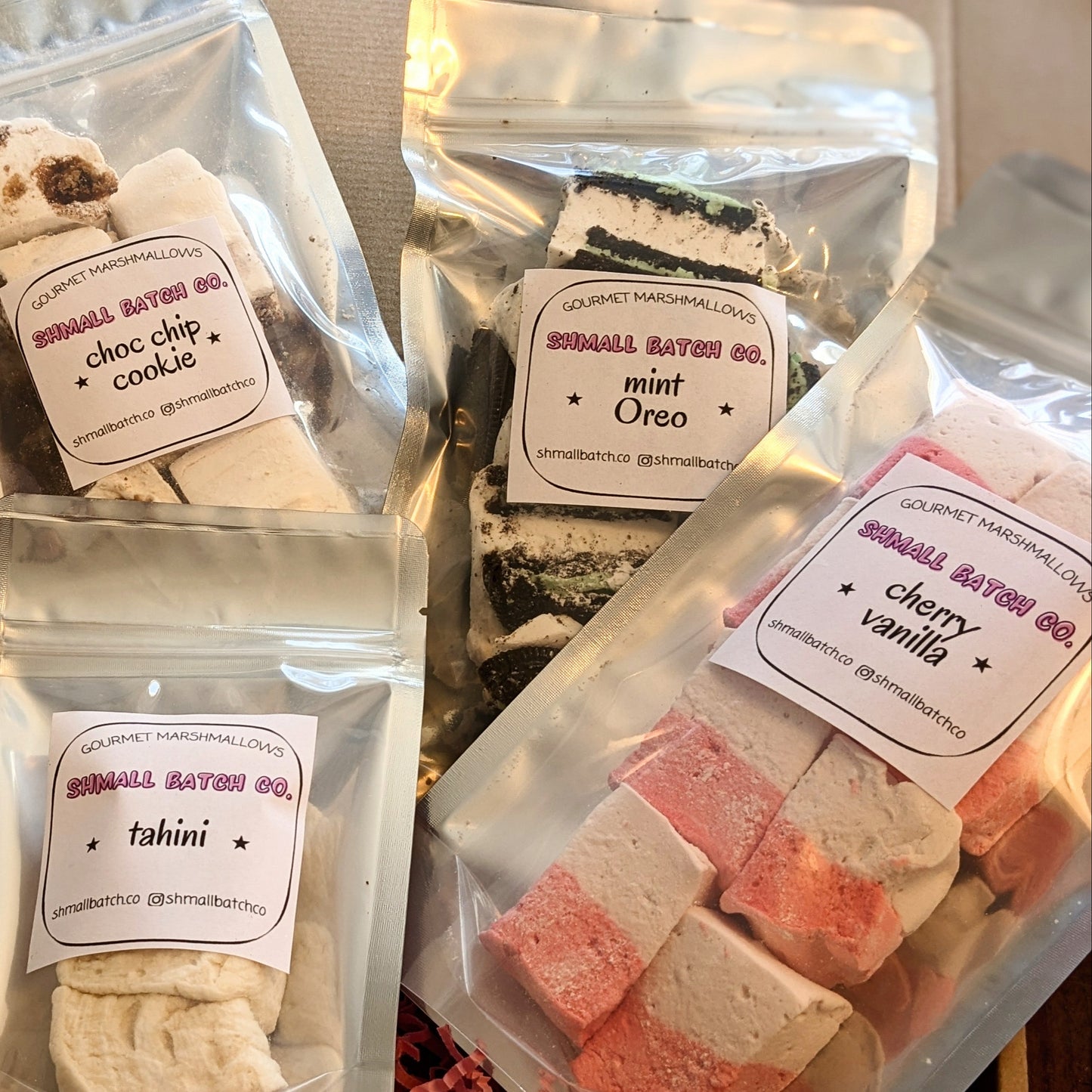 Bags of marshmallows: Mint Oreo, Cherry Vanilla, Tahini, Chocolate Chip Cookie
