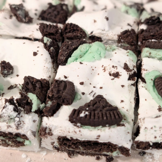 Mint Oreo marshmallows with crush cookies inside and on top